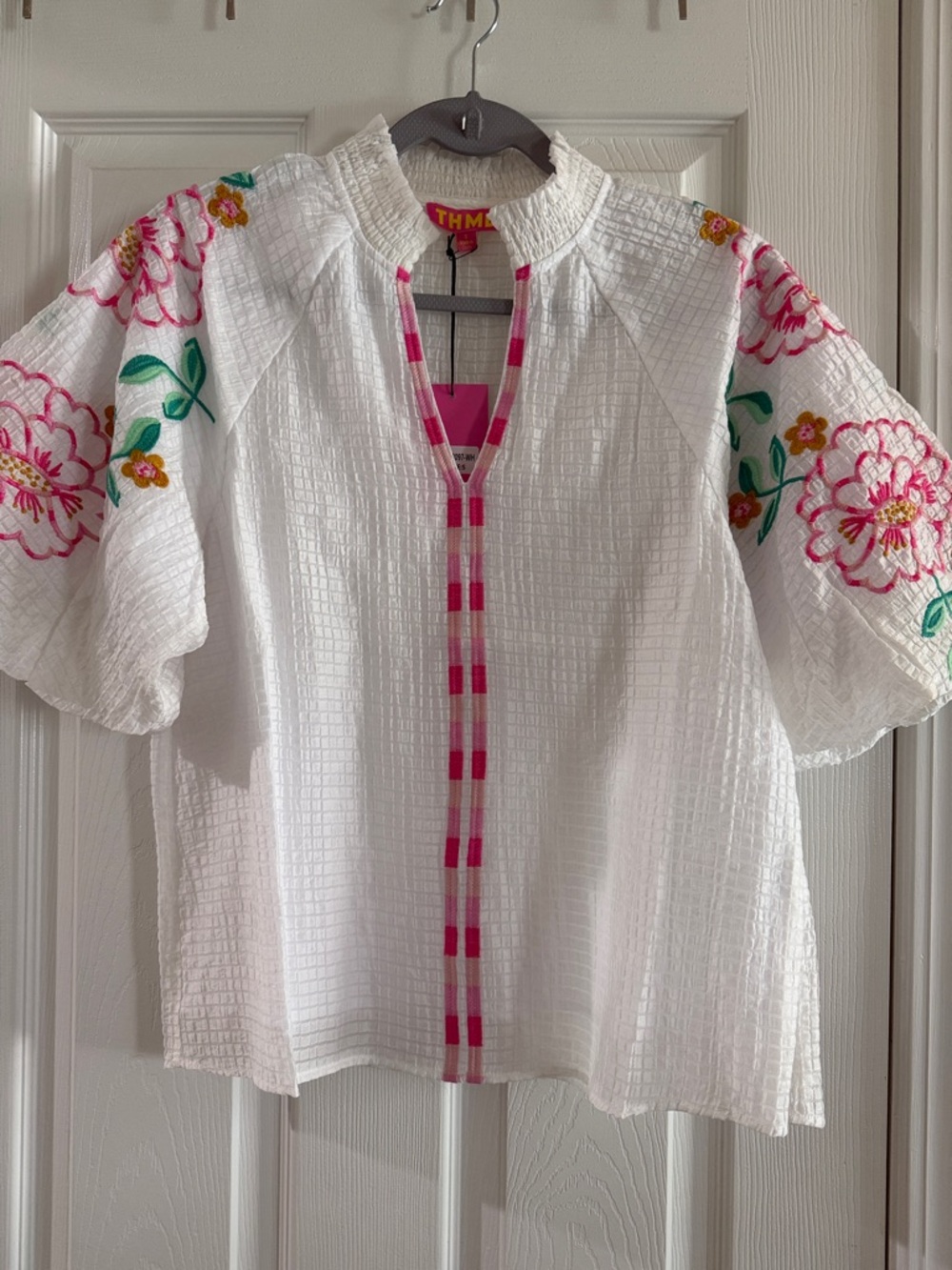 THML White Peasant Top with Pink Trim and Floral Embroidery